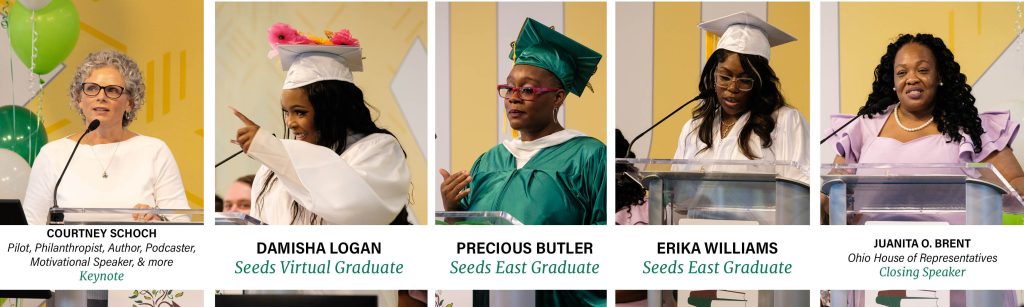 collage of 5 graduation speakers at podium